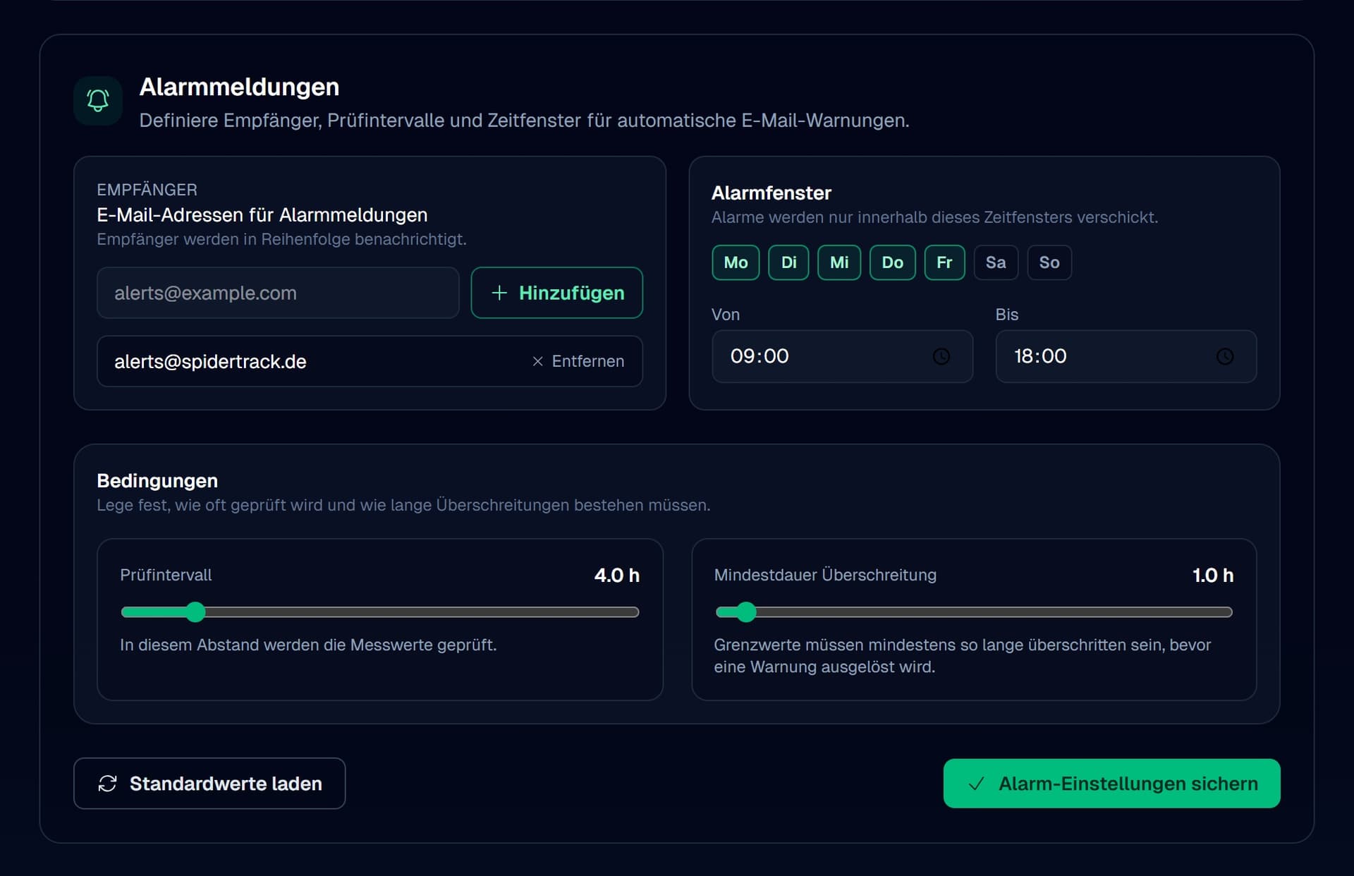 Screenshot: Automatische Alarmmeldungen